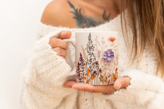 Pressed Flowers Mug, Boho Wildflowers Cottagecore Coffee Mug, Flower Garden Lover, Gift For Her, Botanical, Spring Floral Nature